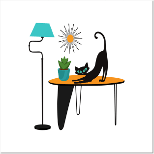 Retro Kitty Pouncing on a Mid Century Table Posters and Art